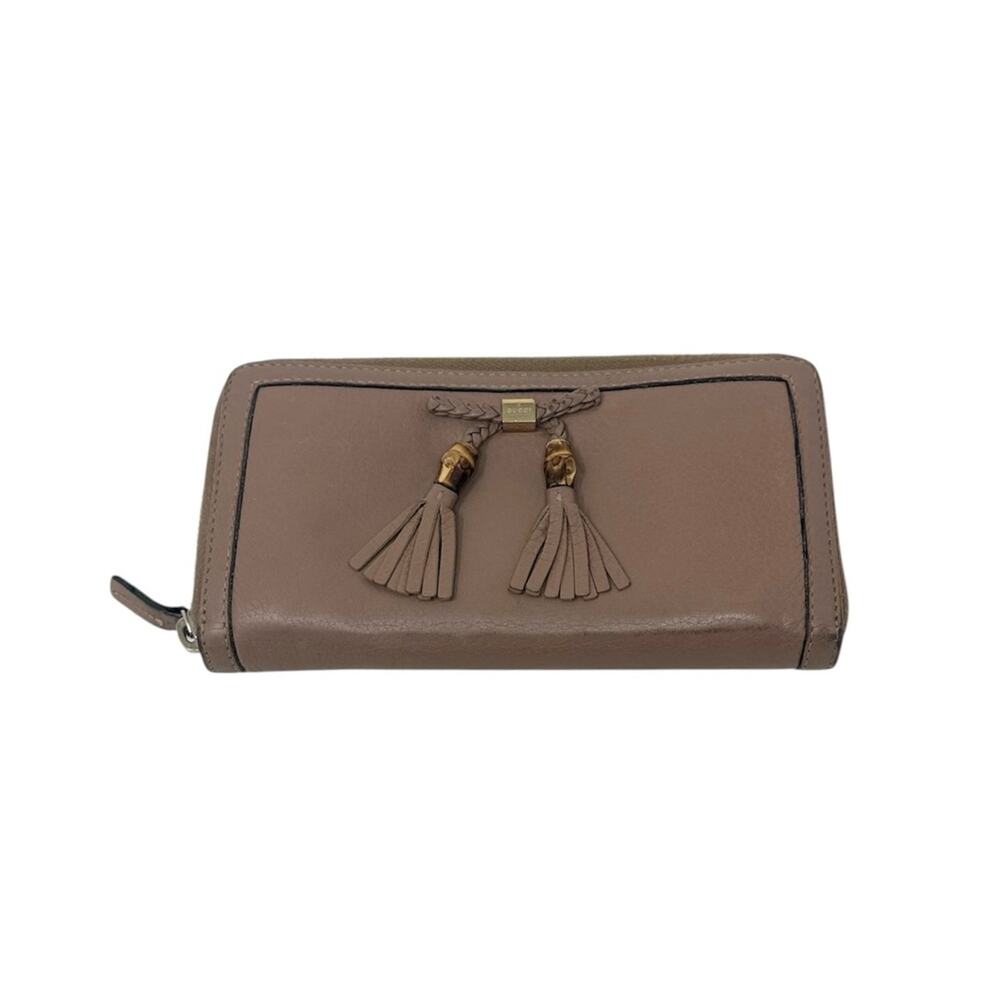 Gucci Leather Bamboo Tassel Bow Zip Brown Taupe Beige Continental Wallet